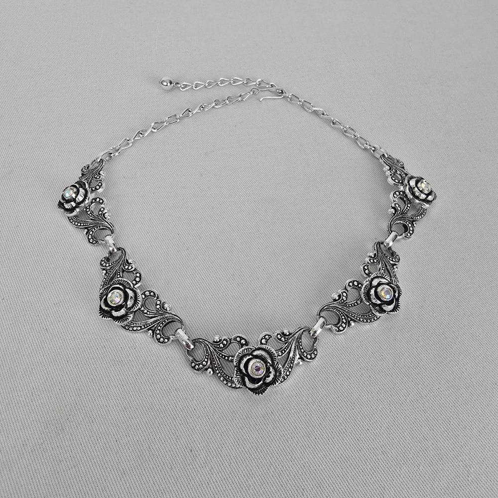 Vintage Silver Tone Floral Rhinestone Statement Collar Necklace