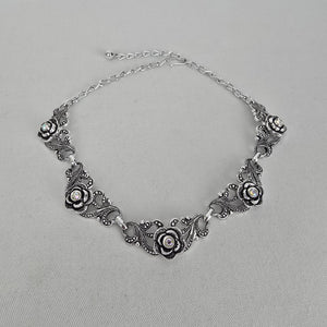 Vintage Silver Tone Floral Rhinestone Statement Collar Necklace