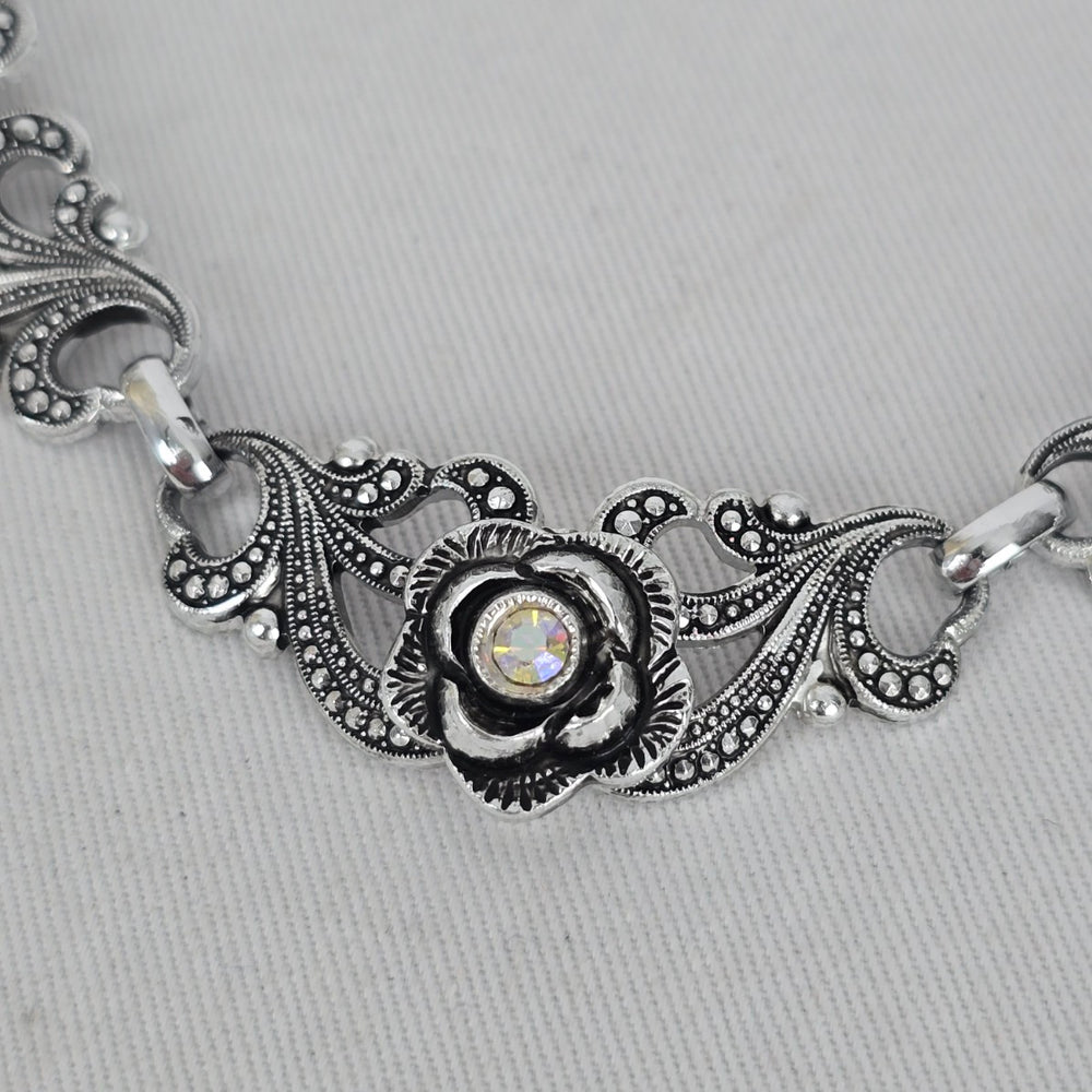 Vintage Silver Tone Floral Rhinestone Statement Collar Necklace