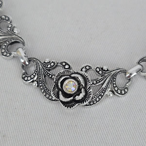Vintage Silver Tone Floral Rhinestone Statement Collar Necklace