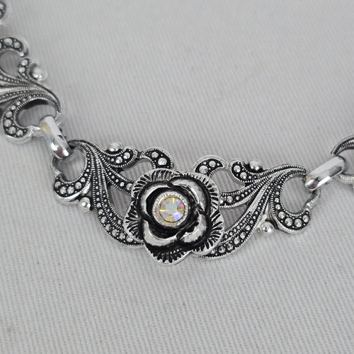 Vintage Silver Tone Floral Rhinestone Statement Collar Necklace