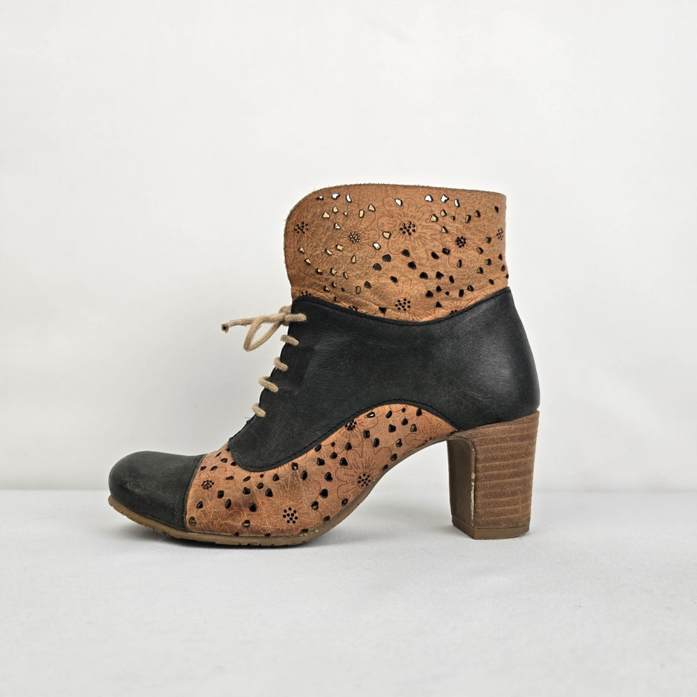 Brako Floral Cutout Leather Ankle Boots Size 6