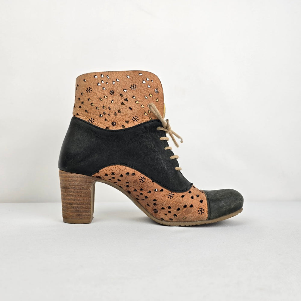 Brako Floral Cutout Leather Ankle Boots Size 6