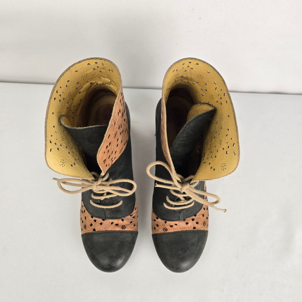 Brako Floral Cutout Leather Ankle Boots Size 6
