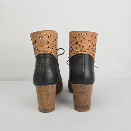 Brako Floral Cutout Leather Ankle Boots Size 6