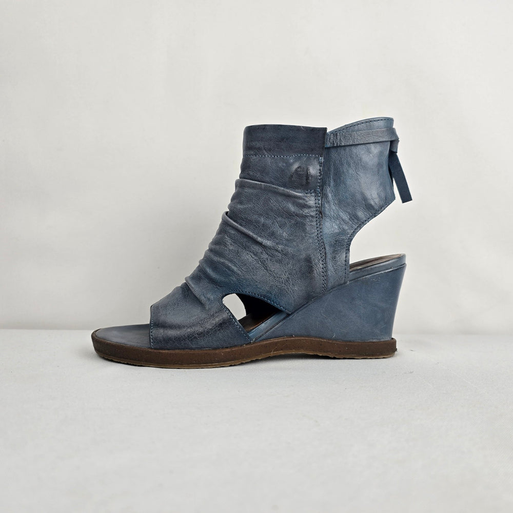 Mjus Blue Leather Peep Toe Wedge Sandals Size 7.5