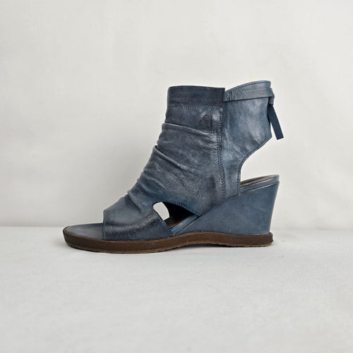 Mjus Blue Leather Peep Toe Wedge Sandals Size 7.5