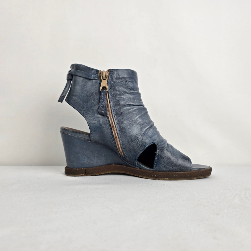 Mjus Blue Leather Peep Toe Wedge Sandals Size 7.5