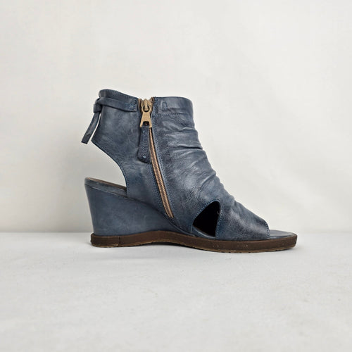 Mjus Blue Leather Peep Toe Wedge Sandals Size 7.5