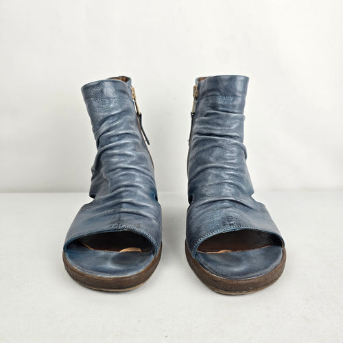 Mjus Blue Leather Peep Toe Wedge Sandals Size 7.5