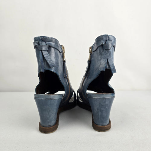 Mjus Blue Leather Peep Toe Wedge Sandals Size 7.5