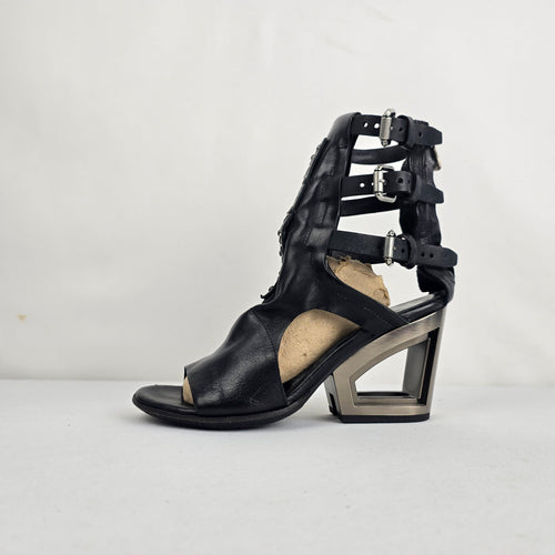 A.S.98 Black Leather Gladiator Heeled Sandals Size