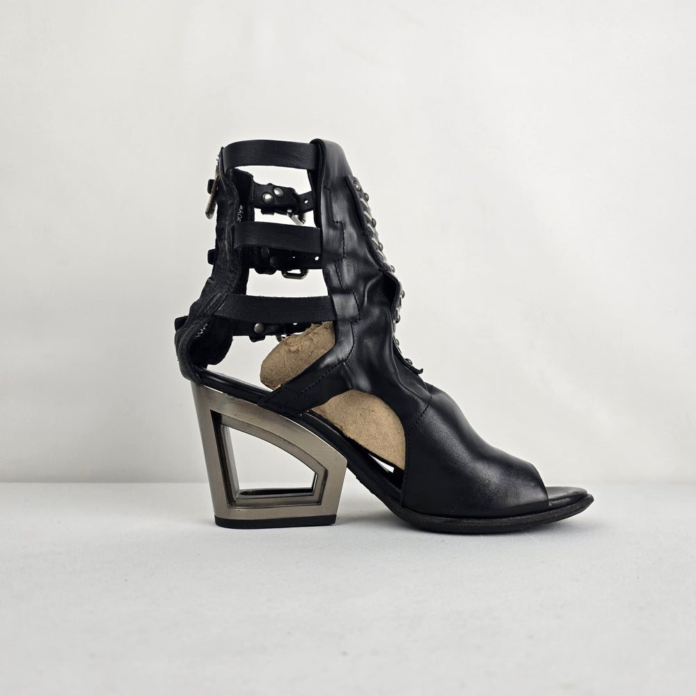 A.S.98 Black Leather Gladiator Heeled Sandals Size