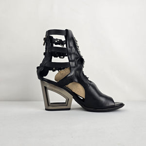 A.S.98 Black Leather Gladiator Heeled Sandals Size