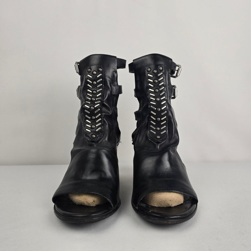A.S.98 Black Leather Gladiator Heeled Sandals Size
