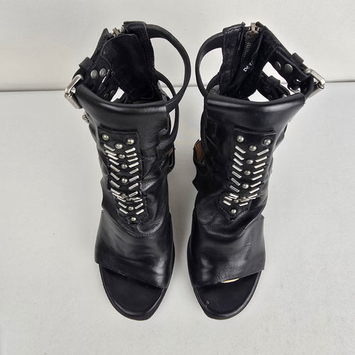 A.S.98 Black Leather Gladiator Heeled Sandals Size