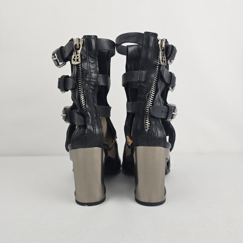 A.S.98 Black Leather Gladiator Heeled Sandals Size