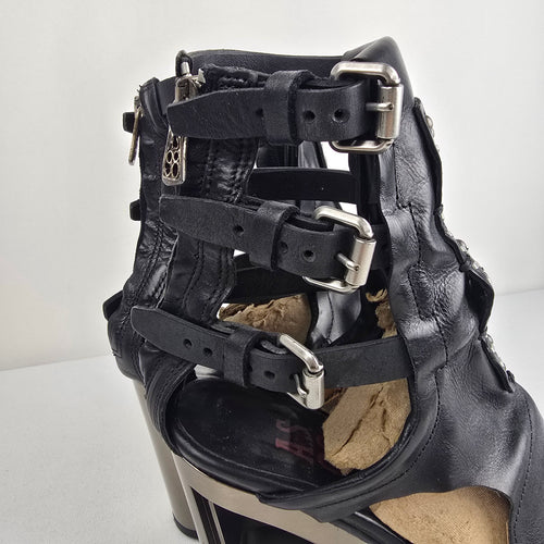 A.S.98 Black Leather Gladiator Heeled Sandals Size