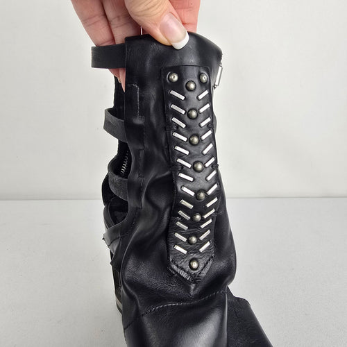 A.S.98 Black Leather Gladiator Heeled Sandals Size