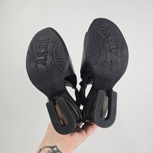 A.S.98 Black Leather Gladiator Heeled Sandals Size