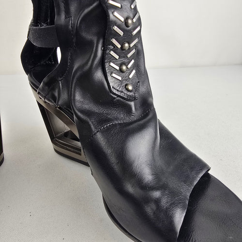 A.S.98 Black Leather Gladiator Heeled Sandals Size