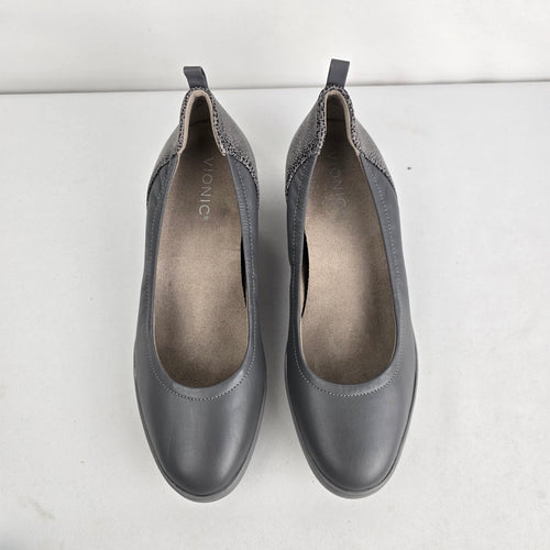 Vionic Jacey Grey Leather Wedge Slip-On Shoes Size 9.5
