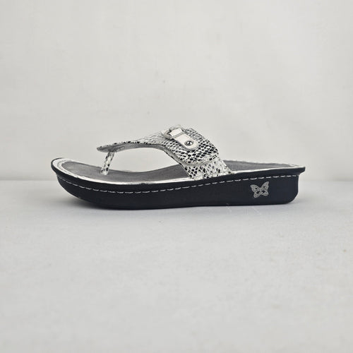 Alegria Silver Snake Print Thong Sandals Size