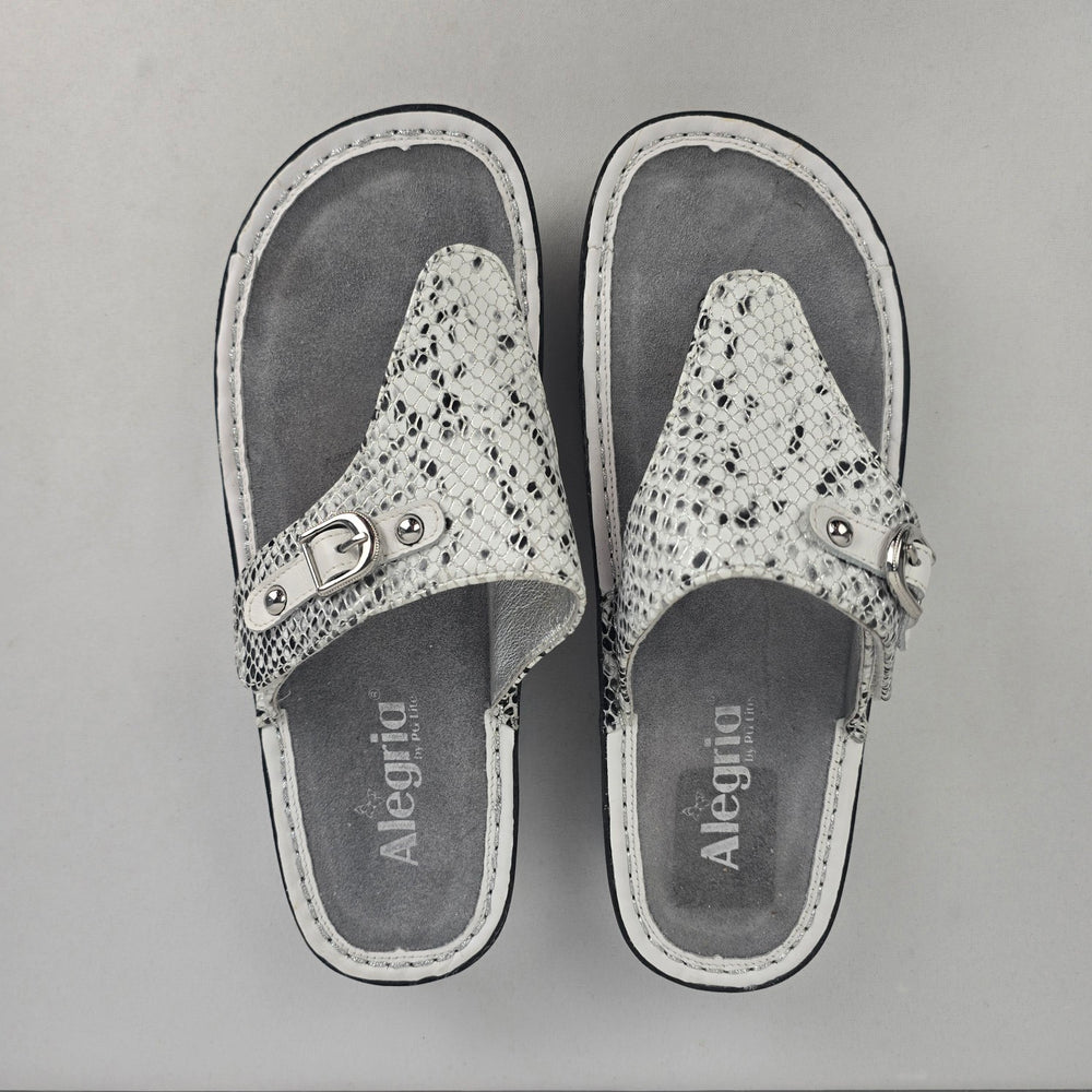 Alegria Silver Snake Print Thong Sandals Size