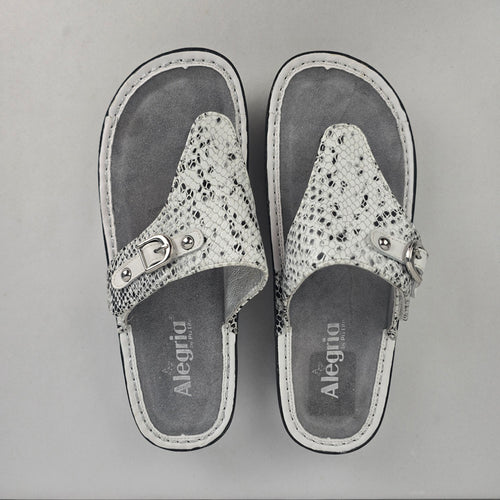 Alegria Silver Snake Print Thong Sandals Size