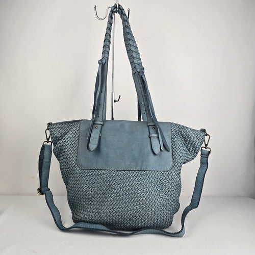 Blue Woven Leather Convertible Tote Shoulder Bag Made in France