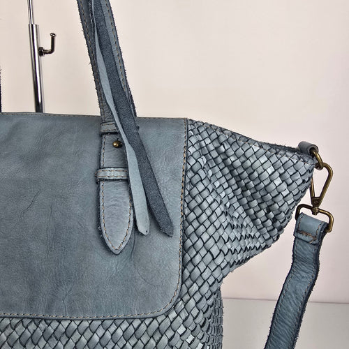 Blue Woven Leather Convertible Tote Shoulder Bag Made in France