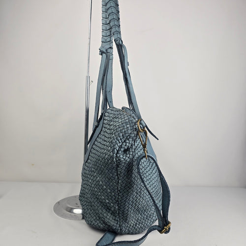 Blue Woven Leather Convertible Tote Shoulder Bag Made in France