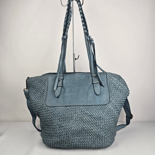 Blue Woven Leather Convertible Tote Shoulder Bag Made in France