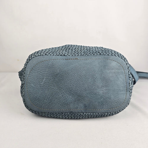 Blue Woven Leather Convertible Tote Shoulder Bag Made in France