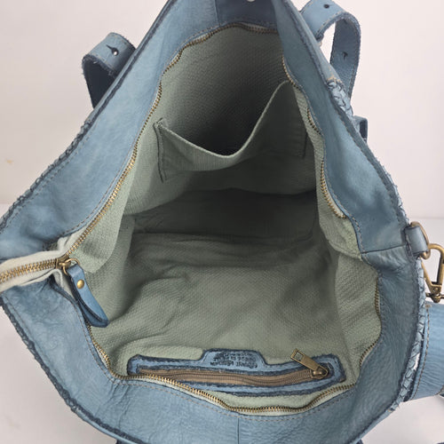 Blue Woven Leather Convertible Tote Shoulder Bag Made in France