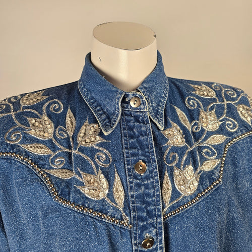 Vintage Jazzino Embellished Denim Button-Up Western Shirt Size L
