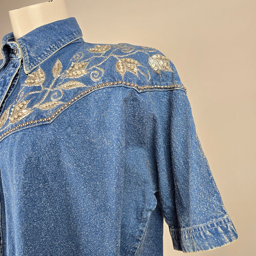 Vintage Jazzino Embellished Denim Button-Up Western Shirt Size L