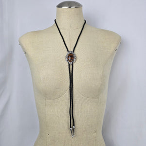 Western Black Bolo Tie Necklace with Tiger’s Eye Style Stone