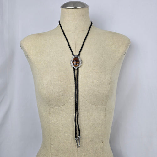 Western Black Bolo Tie Necklace with Tiger’s Eye Style Stone