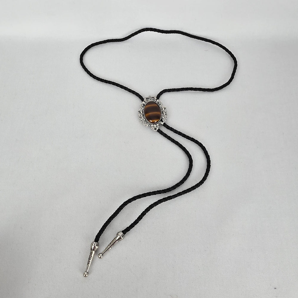 Western Black Bolo Tie Necklace with Tiger’s Eye Style Stone