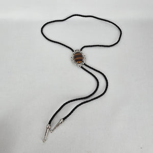 Western Black Bolo Tie Necklace with Tiger’s Eye Style Stone