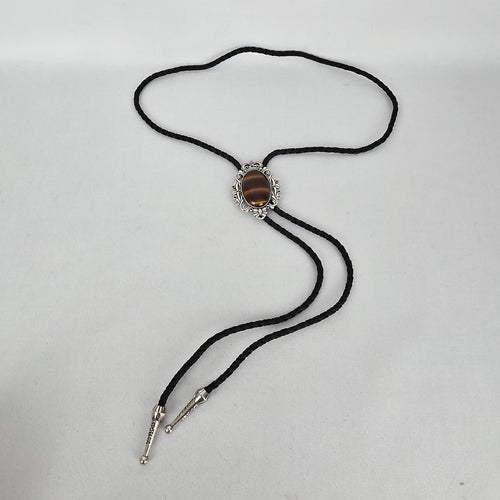 Western Black Bolo Tie Necklace with Tiger’s Eye Style Stone