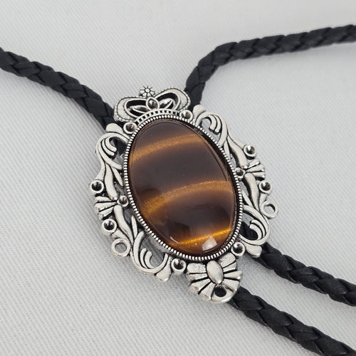 Western Black Bolo Tie Necklace with Tiger’s Eye Style Stone