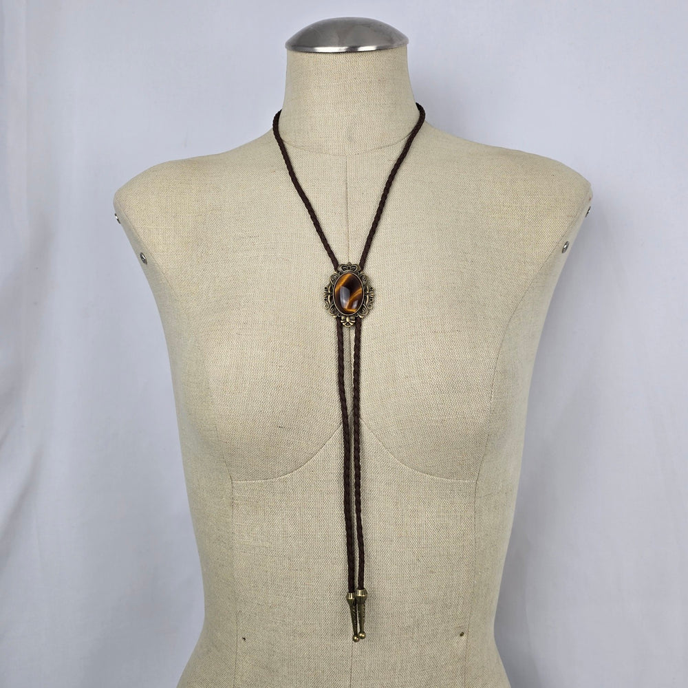 Vintage Western Bolo Tie Brown Braided Cord Tiger Eye Style Stone