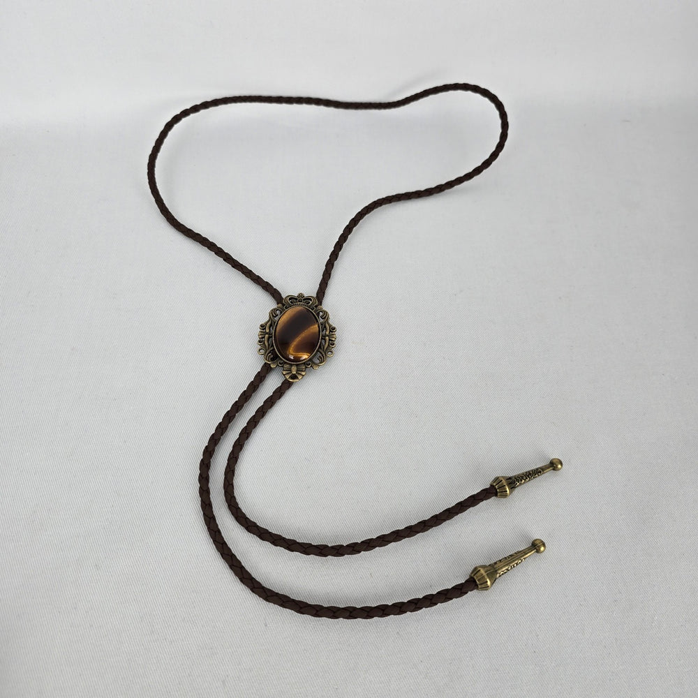 Vintage Western Bolo Tie Brown Braided Cord Tiger Eye Style Stone