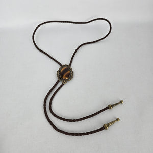 Vintage Western Bolo Tie Brown Braided Cord Tiger Eye Style Stone