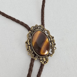 Vintage Western Bolo Tie Brown Braided Cord Tiger Eye Style Stone