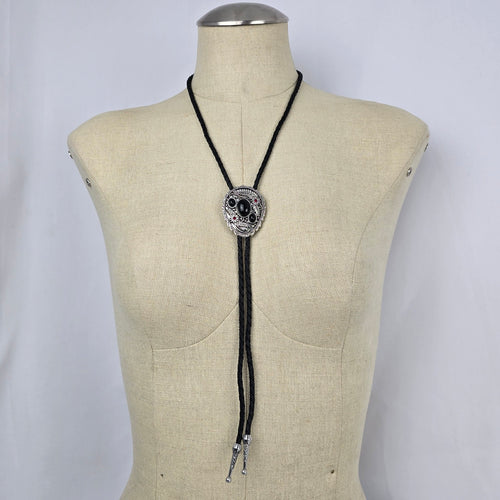 Western Bolo Tie Black Braided Cord Silver Tone Black Stone Slide