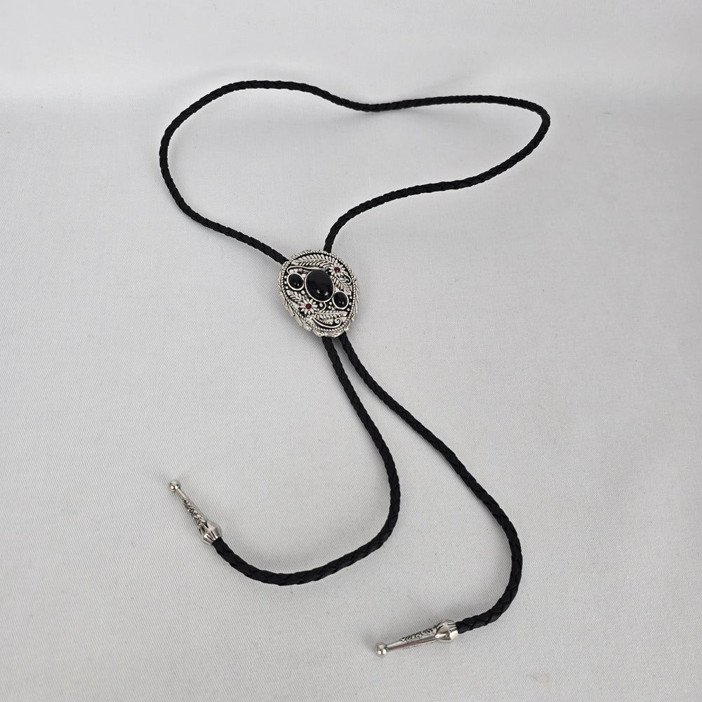 Western Bolo Tie Black Braided Cord Silver Tone Black Stone Slide