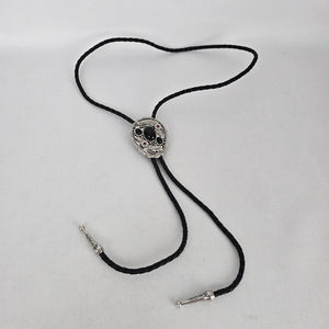 Western Bolo Tie Black Braided Cord Silver Tone Black Stone Slide